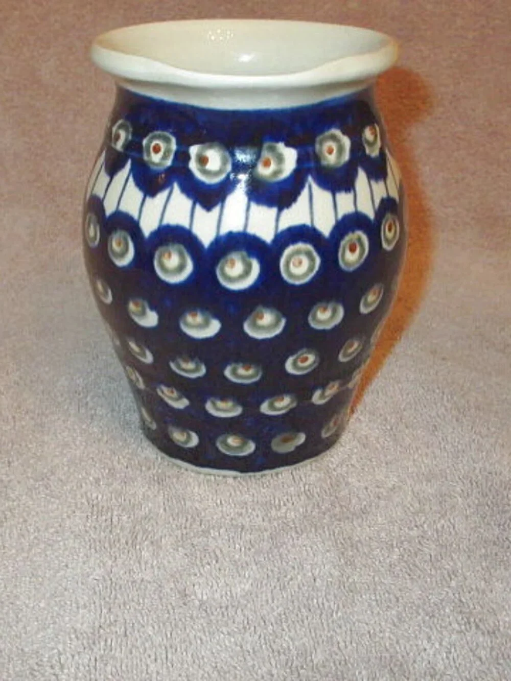 Polish Pottery Blue Eyed Peacock Pitcher Creamer Boleslawiec Painted Stoneware